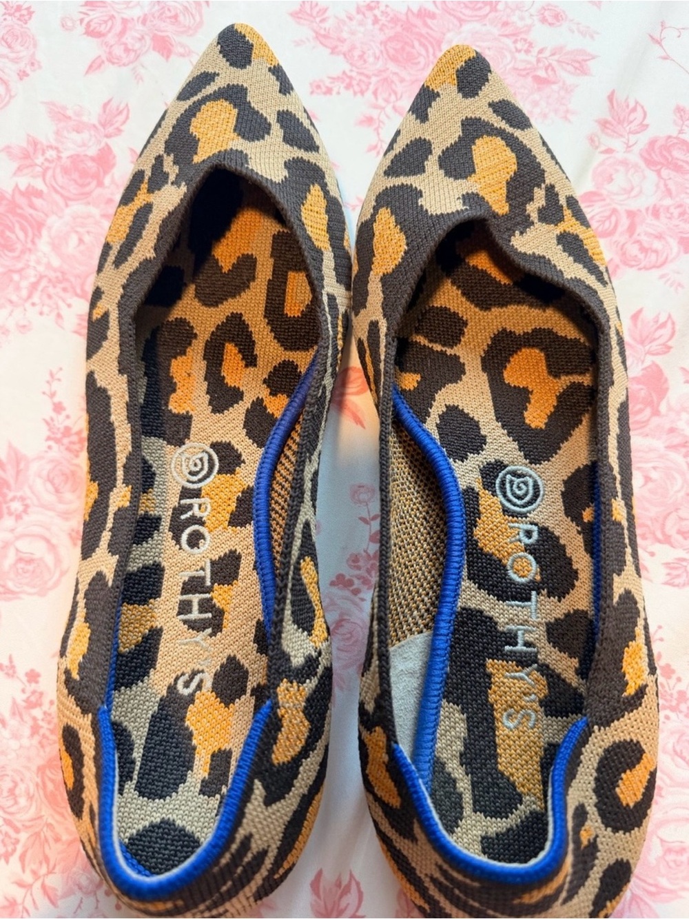 Rothy's Leopard Knit Pointed Toe Flats in Tan, Black & Gold